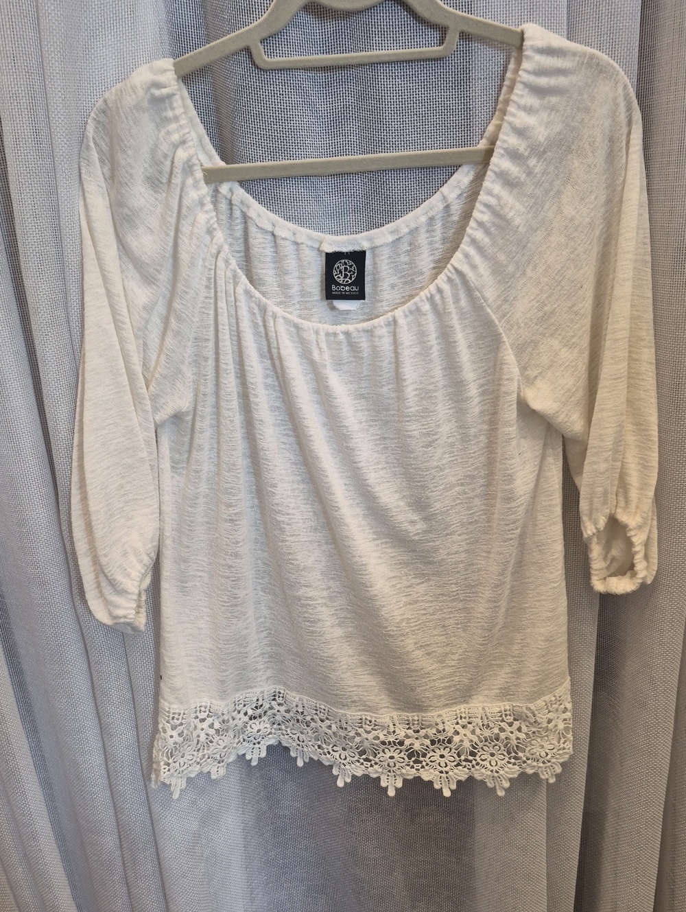 Bobeau White Crochet-Hem Scoop Neck Blouse